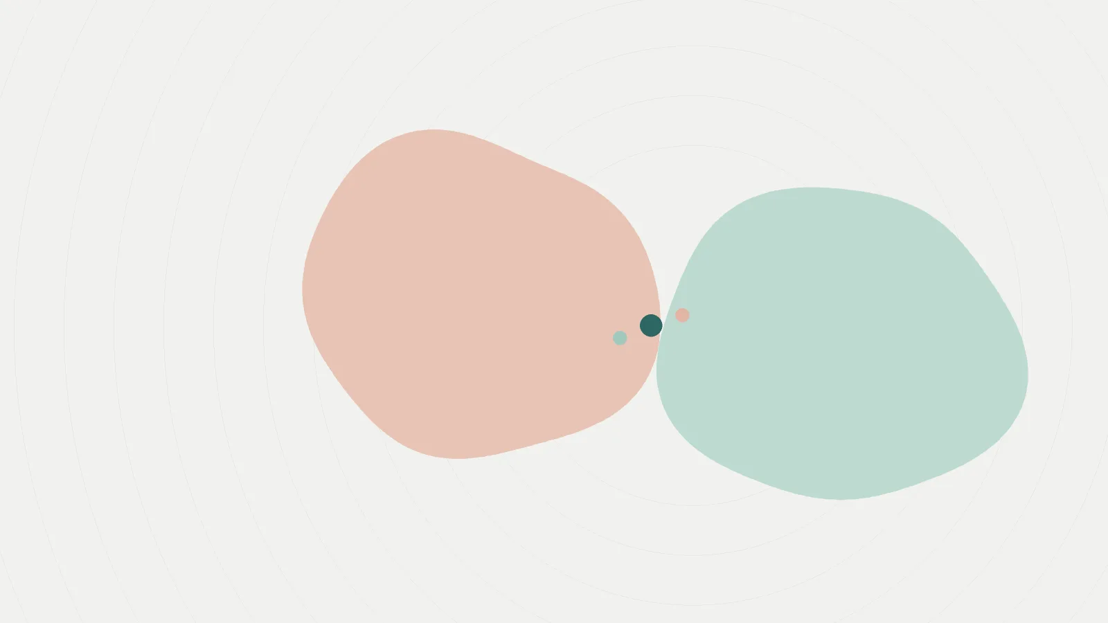 Two soft rounded shapes in blush and sea-glass tones side by side on a pale paper background, linked by small dots, with fine contour rings