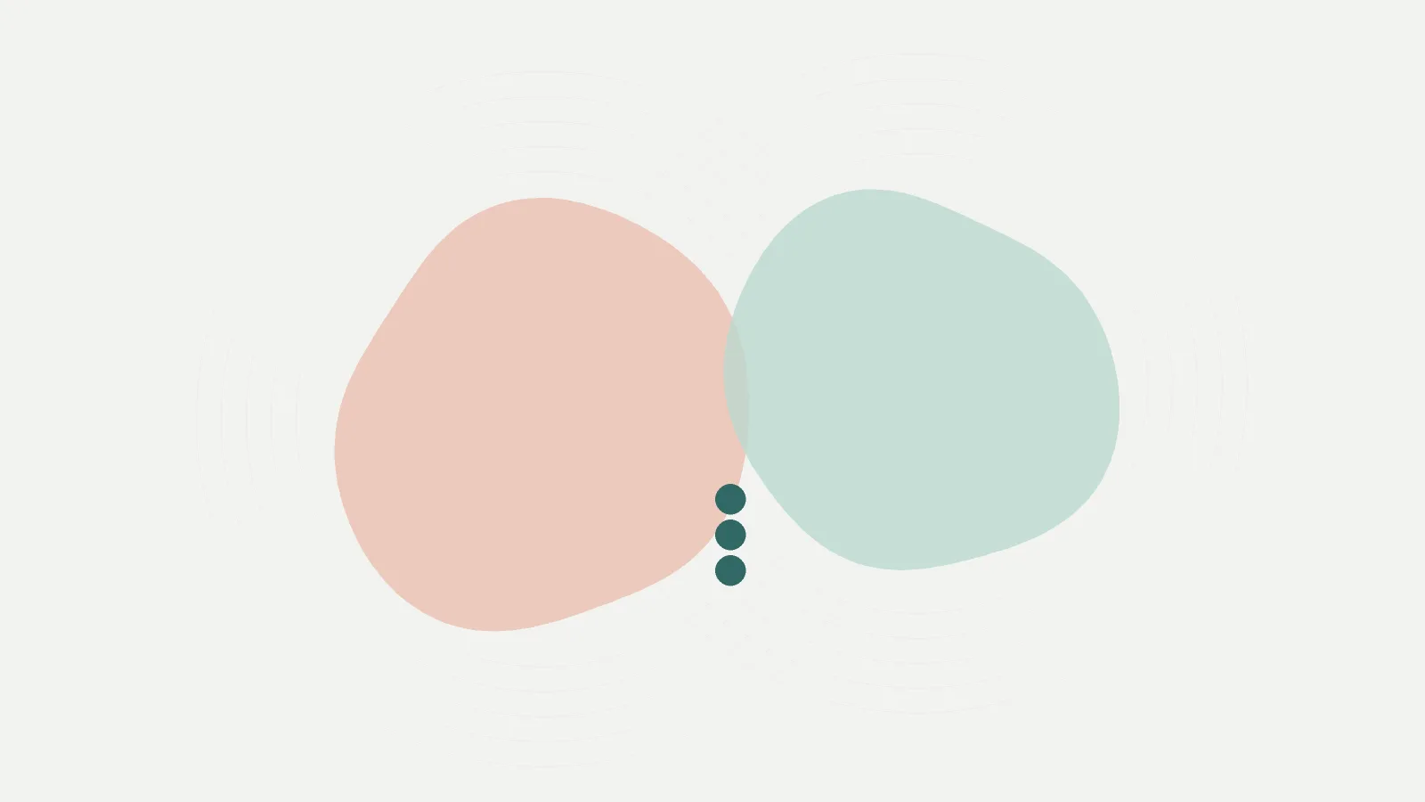 Two soft rounded shapes in blush and sea-glass tones on a pale paper background, with fine contour rings and a small stack of dark dots between them