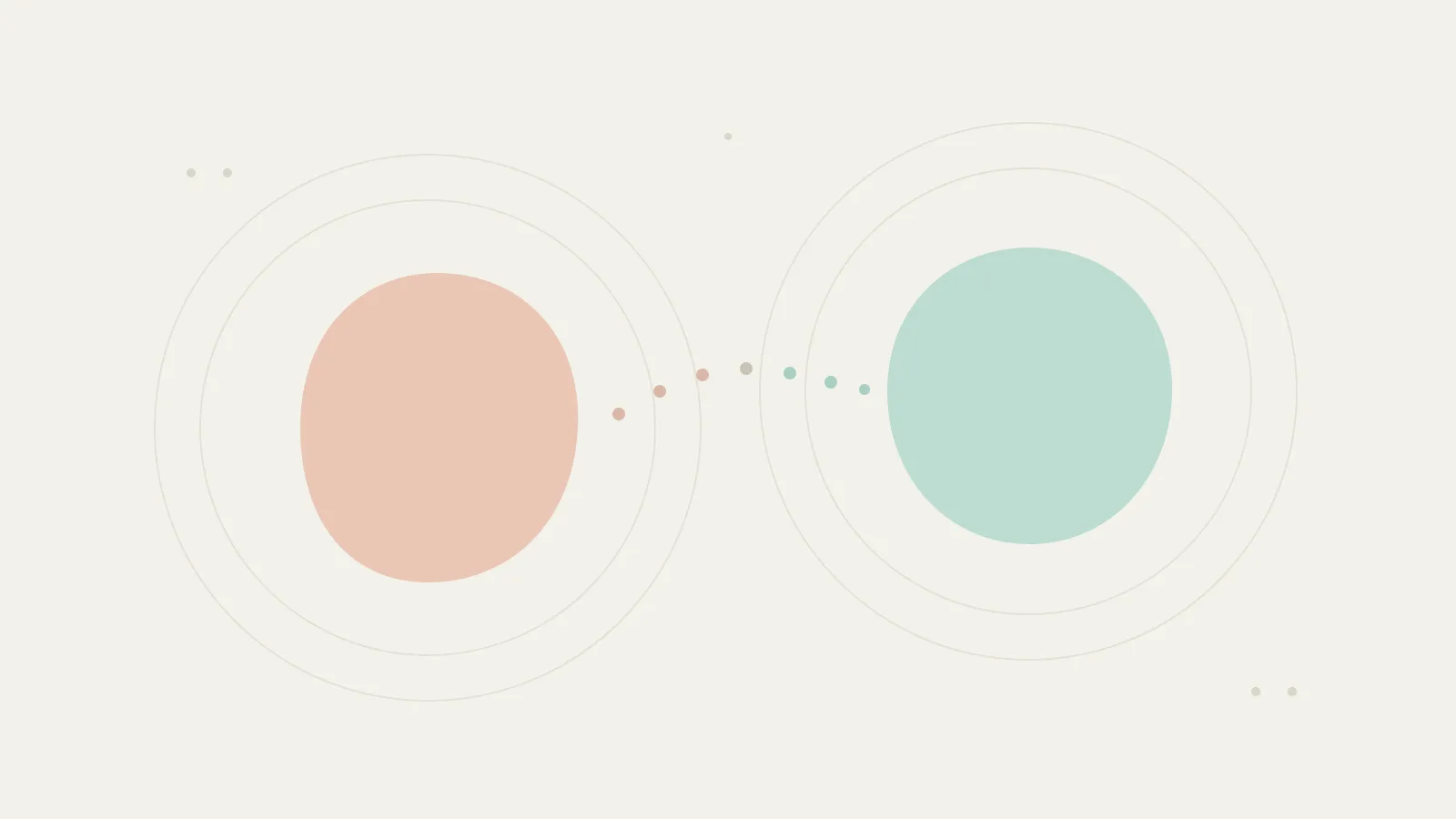 Two soft rounded shapes in blush and sea-glass tones on a pale paper background, each circled by fine contour rings and joined by a short line of small dots